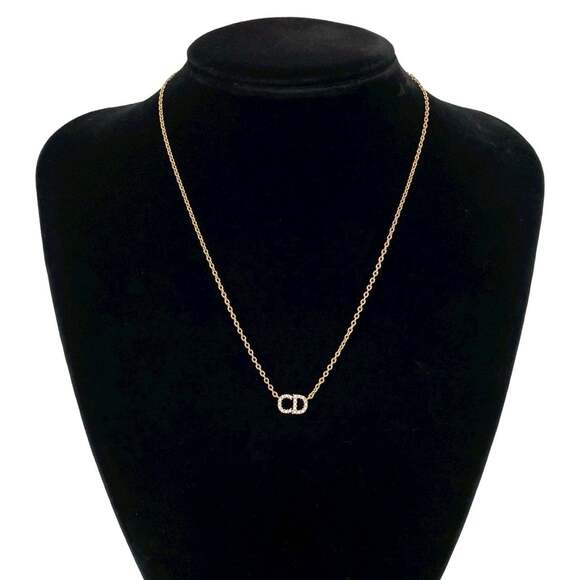 Christian Dior CD logo motif top GP rhinestone necklace pendant choker gold 9...